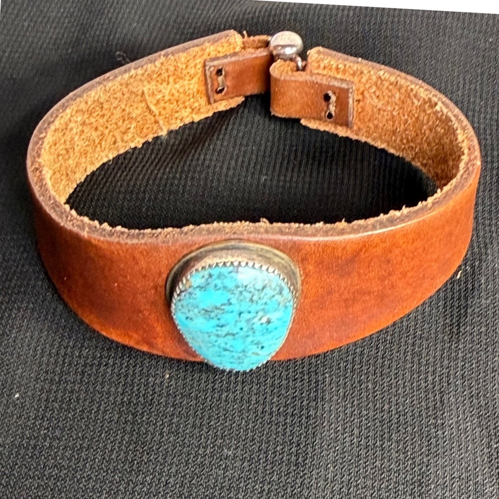 Southwestern Leather Cuff Bracelet Turquoise Sterling Silver 925 Toggle Brown 8"